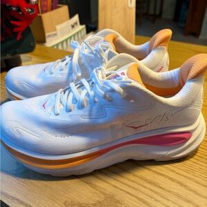 Hoka White and Orange Athletic Sneakers